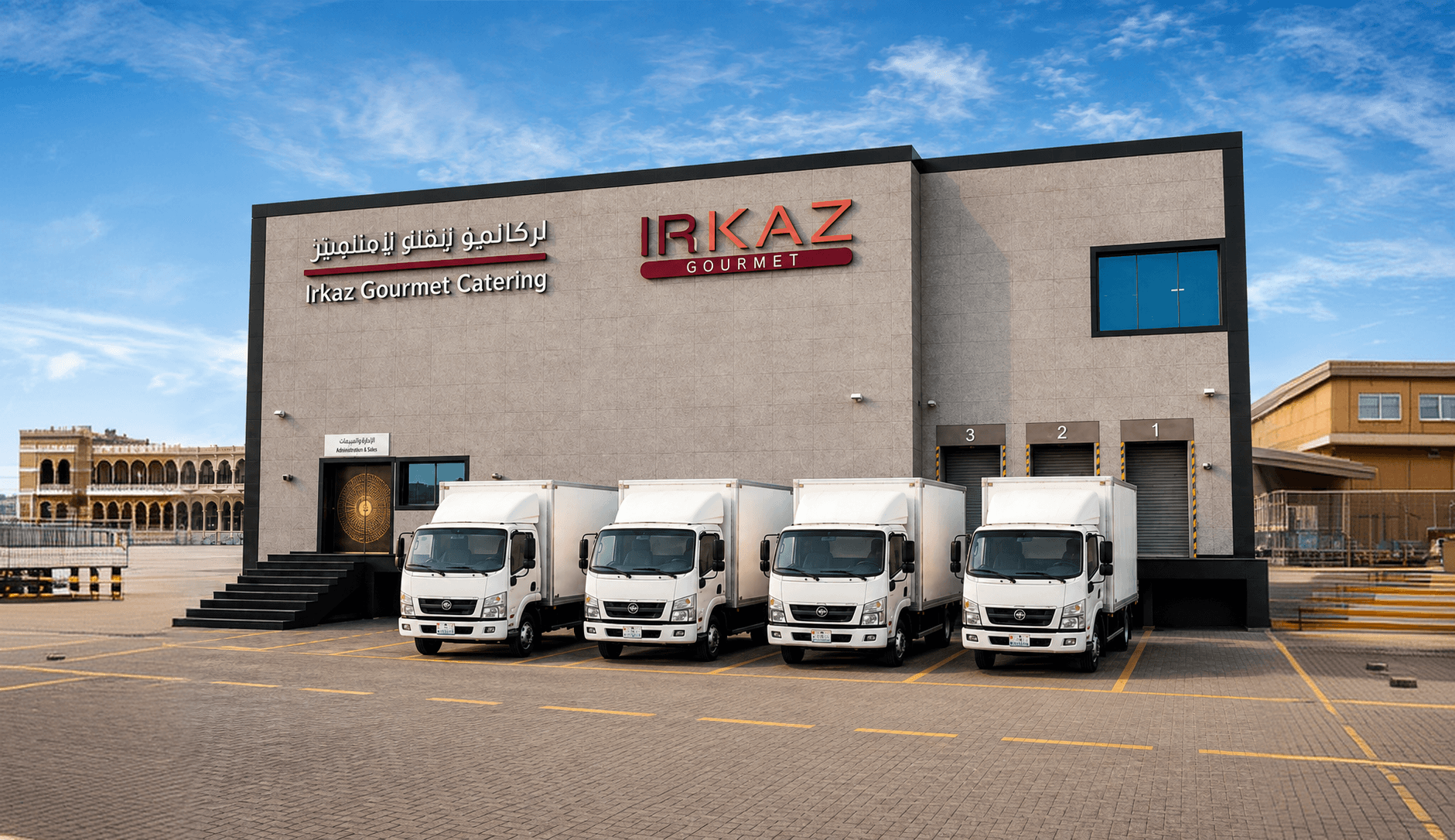 The Irkaz Gourmet central kitchen facility building and delivery fleet