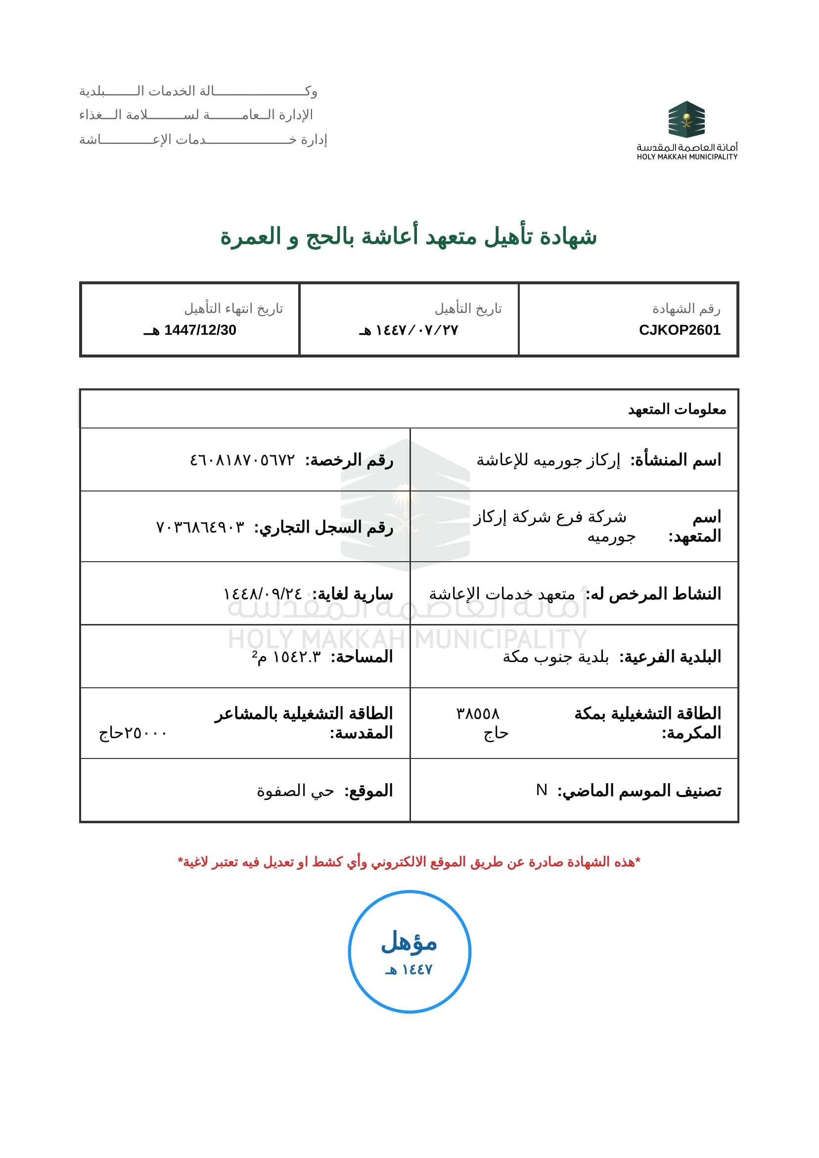 Hajj & Umrah Catering Provider Qualification